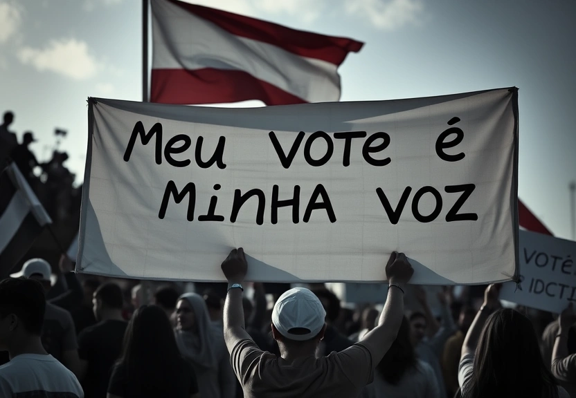 Representação visual de ‘Meu voto é minha voz’: manifestantes lutam pela democracia enquanto Trump lança sua sombra